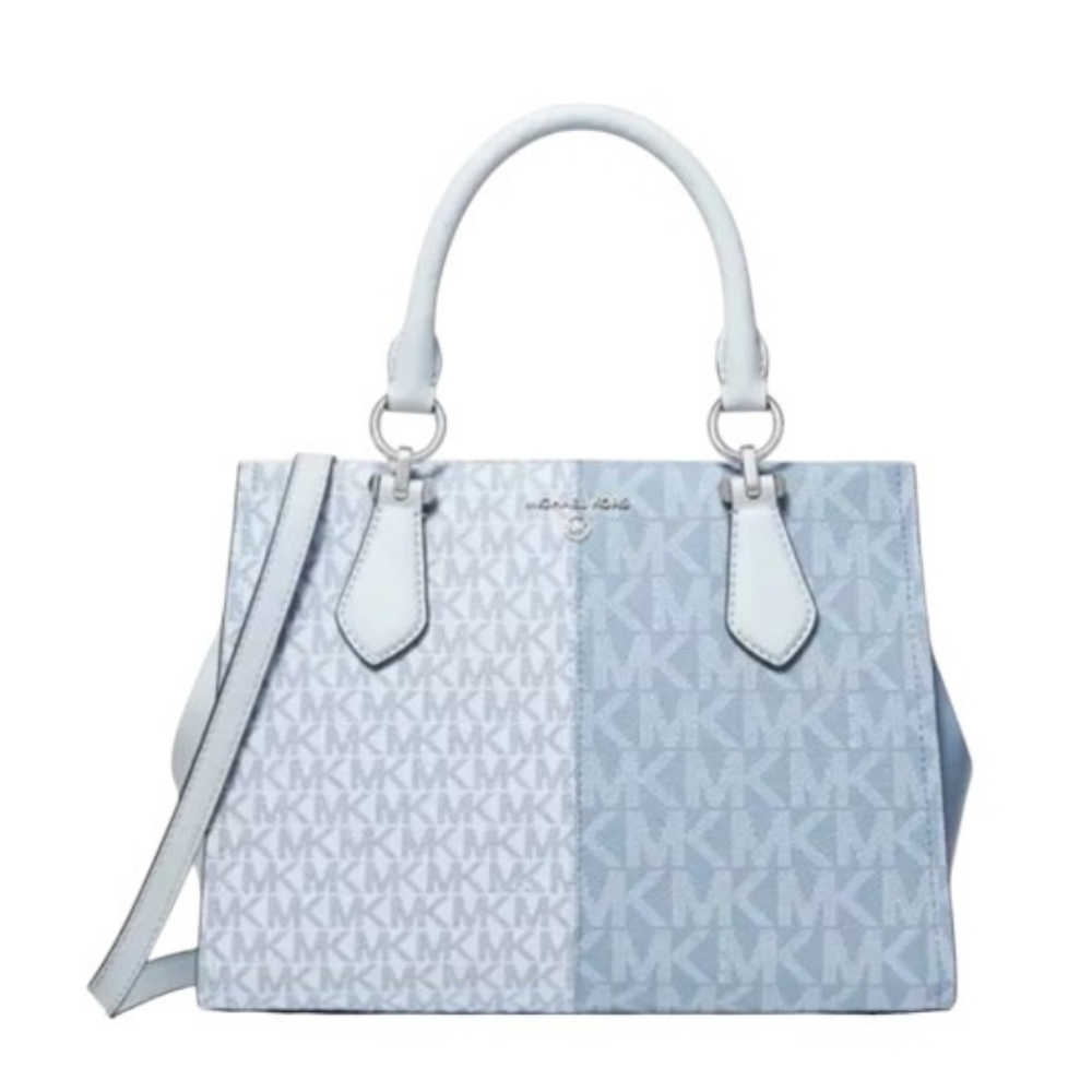 New Michael Kors Marilyn Sky Blue Multi Logo Medium Satchel Handbag purse - Picture 3 of 7